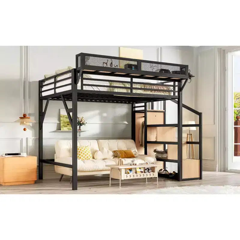 Lit mezzanine Bellemave avec escalier de rangement, armoire et étagères intégrées, cadre métallique, ports USB, lumières LED, design anti-bruit, bois naturel