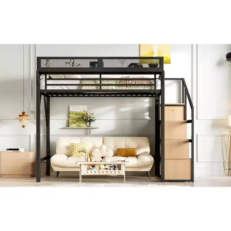 Lit mezzanine Bellemave avec escalier de rangement, armoire et étagères intégrées, cadre métallique, ports USB, lumières LED, design anti-bruit, bois naturel