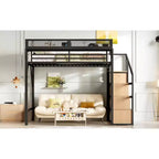 Lit mezzanine Bellemave avec escalier de rangement, armoire et étagères intégrées, cadre métallique, ports USB, lumières LED, design anti-bruit, bois naturel