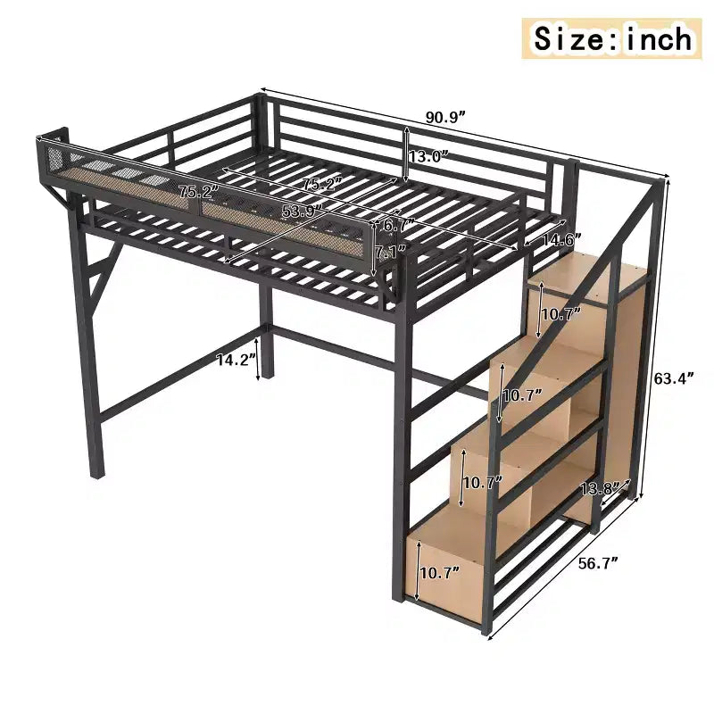 Lit mezzanine Bellemave avec escalier de rangement, armoire et étagères intégrées, cadre métallique, ports USB, lumières LED, design anti-bruit, bois naturel