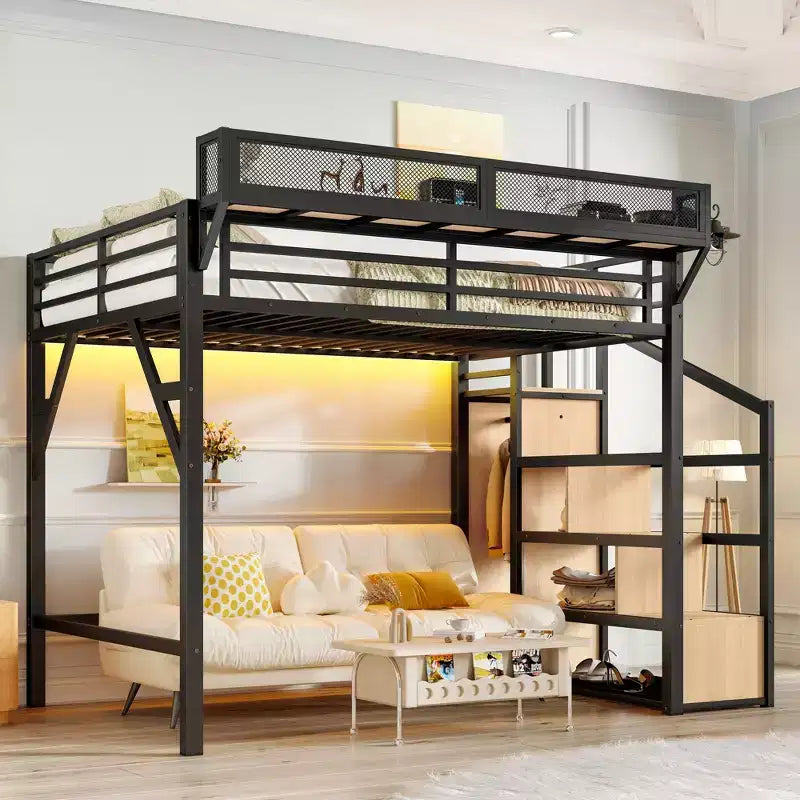 Lit mezzanine Bellemave avec escalier de rangement, armoire et étagères intégrées, cadre métallique, ports USB, lumières LED, design anti-bruit, bois naturel