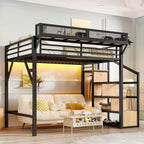 Lit mezzanine Bellemave avec escalier de rangement, armoire et étagères intégrées, cadre métallique, ports USB, lumières LED, design anti-bruit, bois naturel