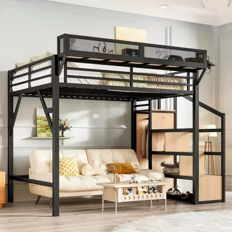 Lit mezzanine Bellemave avec escalier de rangement, armoire et étagères intégrées, cadre métallique, ports USB, lumières LED, design anti-bruit, bois naturel