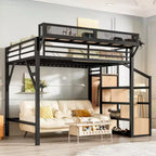 Lit mezzanine Bellemave avec escalier de rangement, armoire et étagères intégrées, cadre métallique, ports USB, lumières LED, design anti-bruit, bois naturel