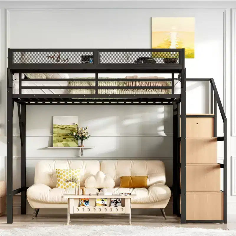 Lit mezzanine Bellemave avec escalier de rangement, armoire et étagères intégrées, cadre métallique, ports USB, lumières LED, design anti-bruit, bois naturel