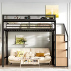 Lit mezzanine Bellemave avec escalier de rangement, armoire et étagères intégrées, cadre métallique, ports USB, lumières LED, design anti-bruit, bois naturel