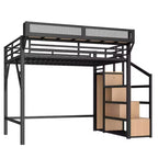 Lit mezzanine Bellemave avec escalier de rangement, armoire et étagères intégrées, cadre métallique, ports USB, lumières LED, design anti-bruit, bois naturel