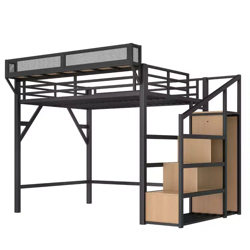Lit mezzanine Bellemave avec escalier de rangement, armoire et étagères intégrées, cadre métallique, ports USB, lumières LED, design anti-bruit, bois naturel