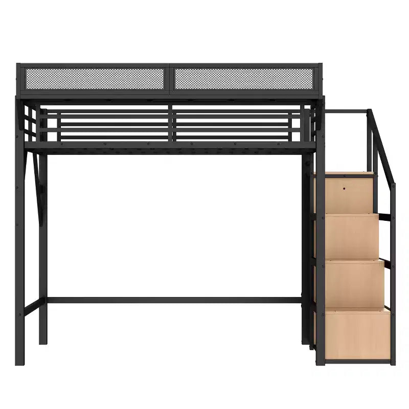 Lit mezzanine Bellemave avec escalier de rangement, armoire et étagères intégrées, cadre métallique, ports USB, lumières LED, design anti-bruit, bois naturel