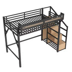 Lit mezzanine Bellemave avec escalier de rangement, armoire et étagères intégrées, cadre métallique, ports USB, lumières LED, design anti-bruit, bois naturel