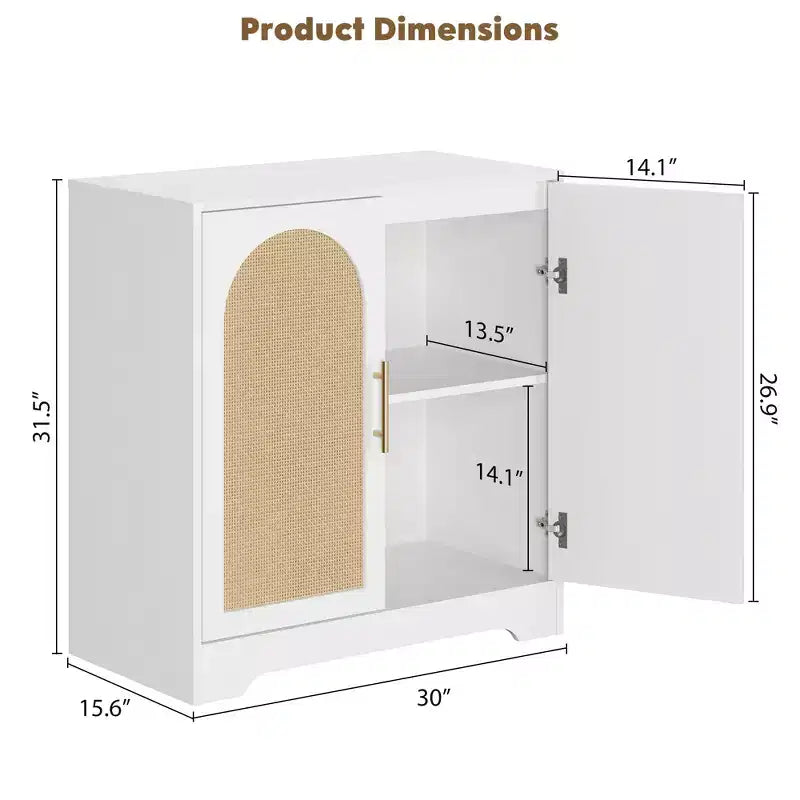Buffet bahut de 80 cm – Rangement avec 2 portes en rotin et étagères, Console moderne pour salon, cuisine, entrée