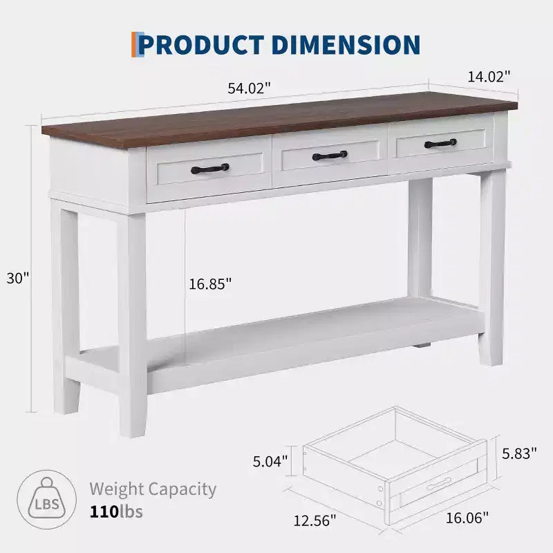 Console de style 54 avec 3 tiroirs, table de canapé étroite en bois à 2 niveaux derrière le canapé, table de couloir rectangulaire pour l'entrée du salon