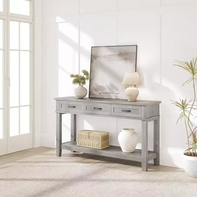 Console de style 54 avec 3 tiroirs, table de canapé étroite en bois à 2 niveaux derrière le canapé, table de couloir rectangulaire pour l'entrée du salon
