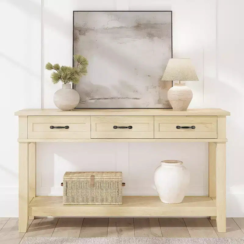 Console de style 54 avec 3 tiroirs, table de canapé étroite en bois à 2 niveaux derrière le canapé, table de couloir rectangulaire pour l'entrée du salon