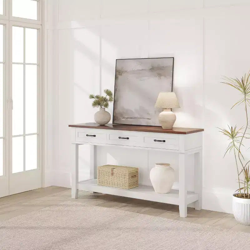 Console de style 54 avec 3 tiroirs, table de canapé étroite en bois à 2 niveaux derrière le canapé, table de couloir rectangulaire pour l'entrée du salon