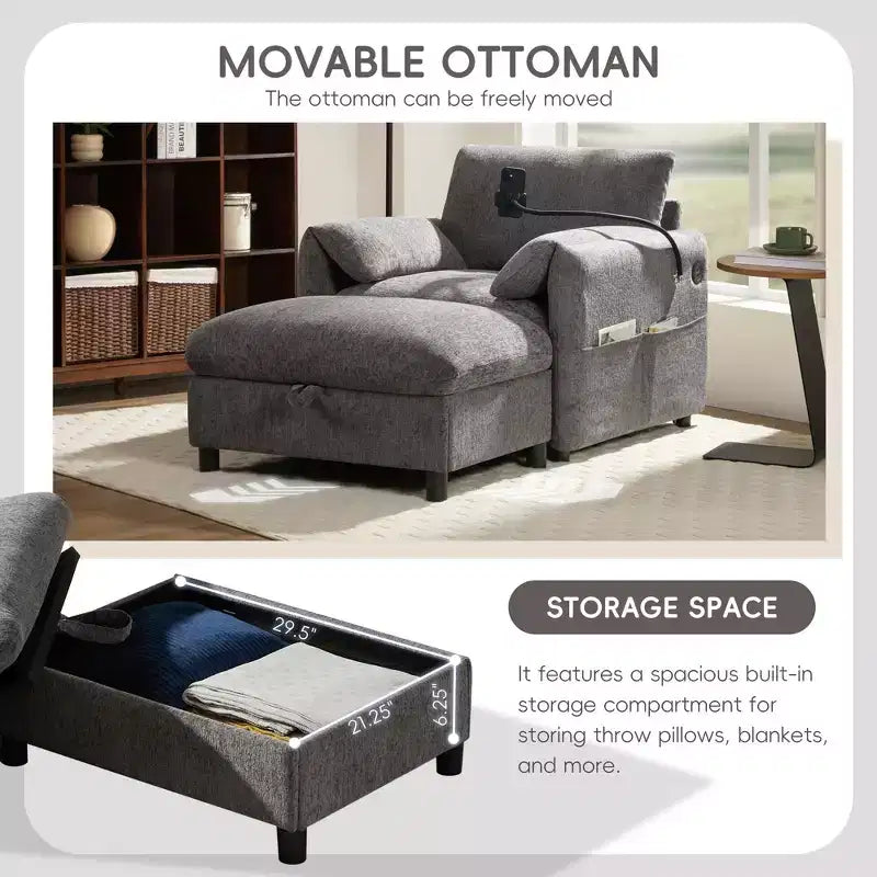 Fauteuil simple EHMKNP en chenille avec pouf de rangement et support de téléphone réglable, port de chargement USB, poches latérales, accoudoirs rembourrés