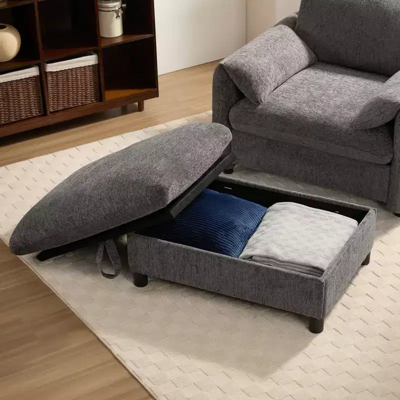 Fauteuil simple EHMKNP en chenille avec pouf de rangement et support de téléphone réglable, port de chargement USB, poches latérales, accoudoirs rembourrés