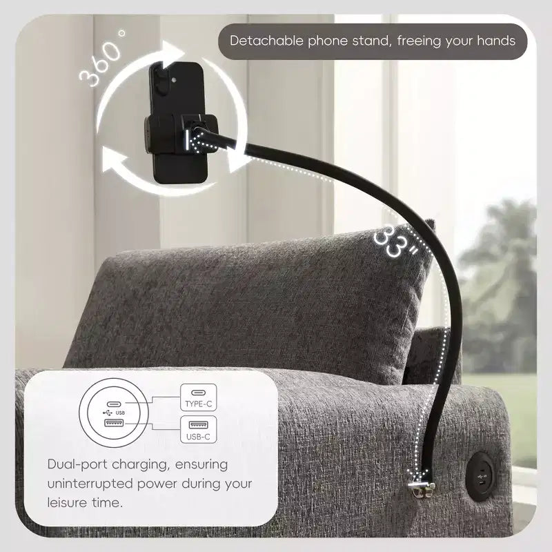 Fauteuil simple EHMKNP en chenille avec pouf de rangement et support de téléphone réglable, port de chargement USB, poches latérales, accoudoirs rembourrés
