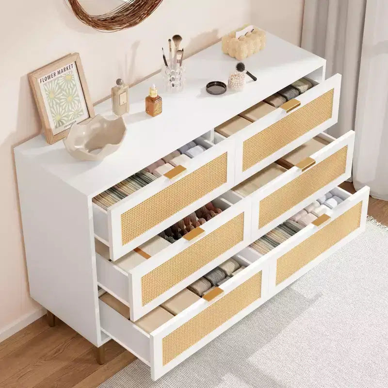 Commode Acekool en rotin à 6 tiroirs, commode moderne avec pieds et poignées dorés, commode double large, anti-basculement, pour chambre et salon