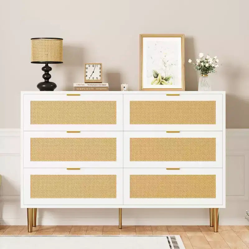 Commode Acekool en rotin à 6 tiroirs, commode moderne avec pieds et poignées dorés, commode double large, anti-basculement, pour chambre et salon