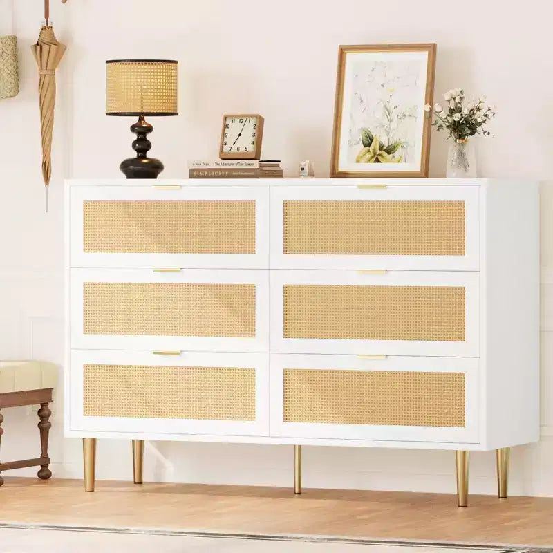 Commode Acekool en rotin à 6 tiroirs, commode moderne avec pieds et poignées dorés, commode double large, anti-basculement, pour chambre et salon