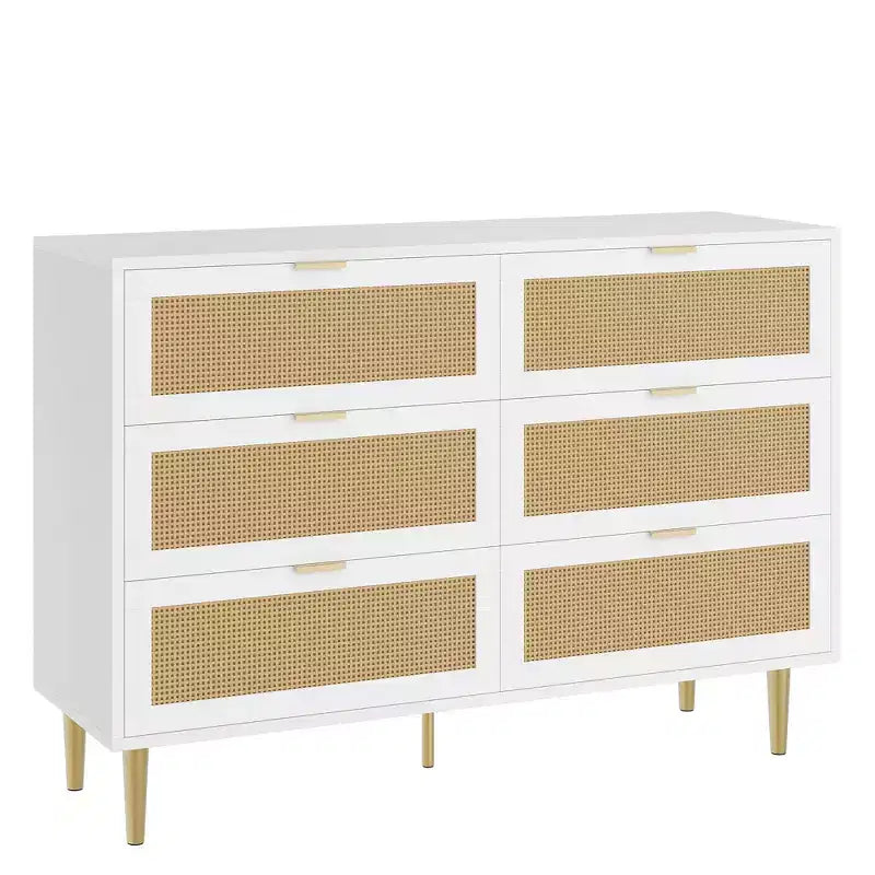 Commode Acekool en rotin à 6 tiroirs, commode moderne avec pieds et poignées dorés, commode double large, anti-basculement, pour chambre et salon