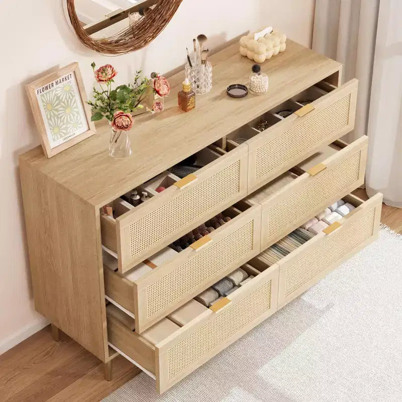 Commode Acekool en rotin à 6 tiroirs, commode moderne avec pieds et poignées dorés, commode double large, anti-basculement, pour chambre et salon