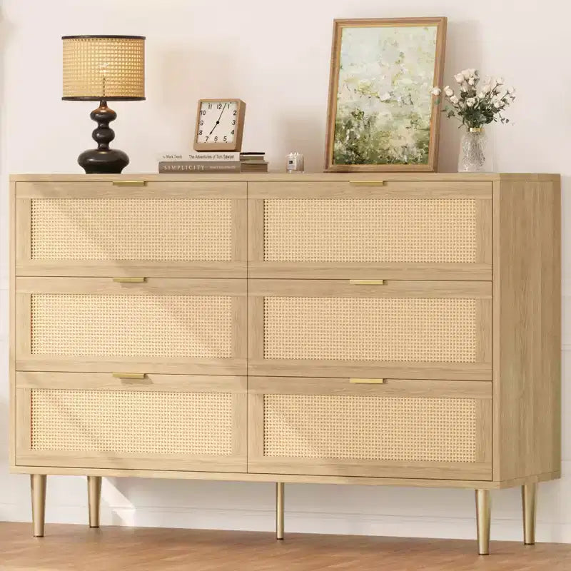 Commode Acekool en rotin à 6 tiroirs, commode moderne avec pieds et poignées dorés, commode double large, anti-basculement, pour chambre et salon