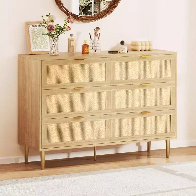 Commode Acekool en rotin à 6 tiroirs, commode moderne avec pieds et poignées dorés, commode double large, anti-basculement, pour chambre et salon
