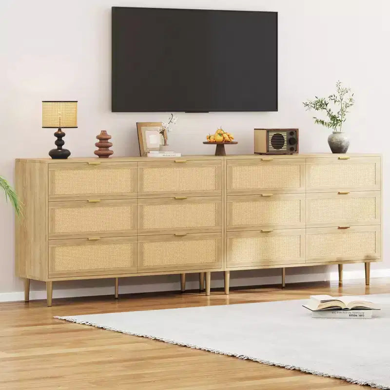 Commode Acekool en rotin à 6 tiroirs, commode moderne avec pieds et poignées dorés, commode double large, anti-basculement, pour chambre et salon