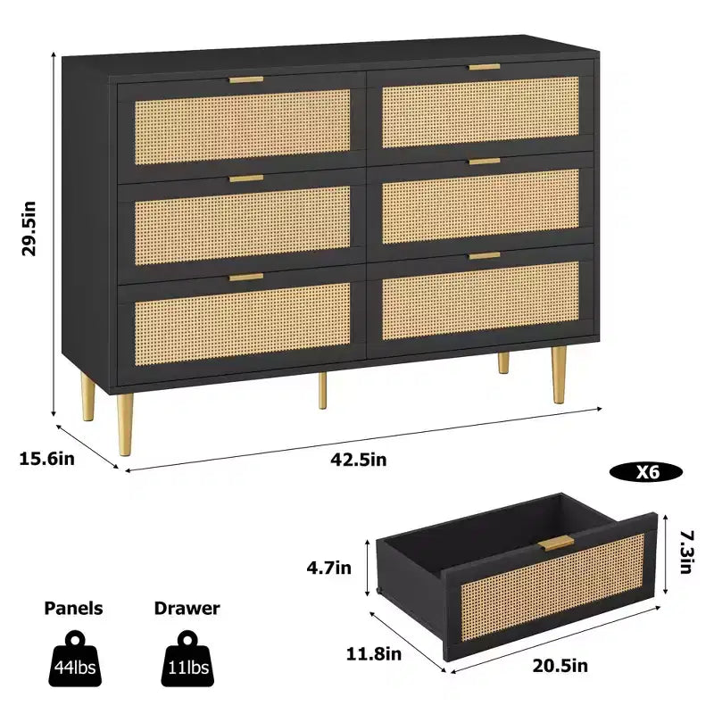 Commode Acekool en rotin à 6 tiroirs, commode moderne avec pieds et poignées dorés, commode double large, anti-basculement, pour chambre et salon