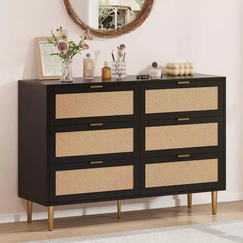 Commode Acekool en rotin à 6 tiroirs, commode moderne avec pieds et poignées dorés, commode double large, anti-basculement, pour chambre et salon