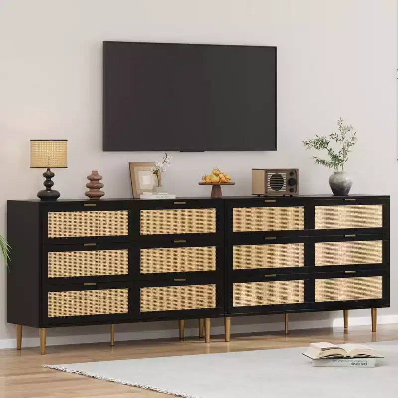 Commode Acekool en rotin à 6 tiroirs, commode moderne avec pieds et poignées dorés, commode double large, anti-basculement, pour chambre et salon