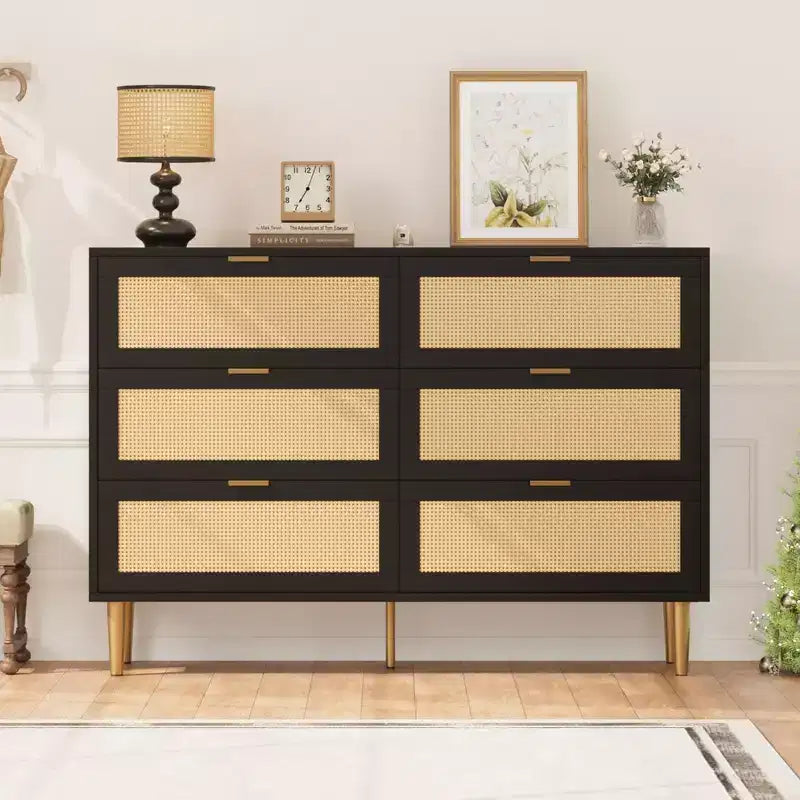Commode Acekool en rotin à 6 tiroirs, commode moderne avec pieds et poignées dorés, commode double large, anti-basculement, pour chambre et salon