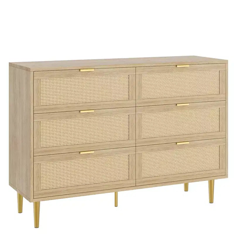 Commode Acekool en rotin à 6 tiroirs, commode moderne avec pieds et poignées dorés, commode double large, anti-basculement, pour chambre et salon