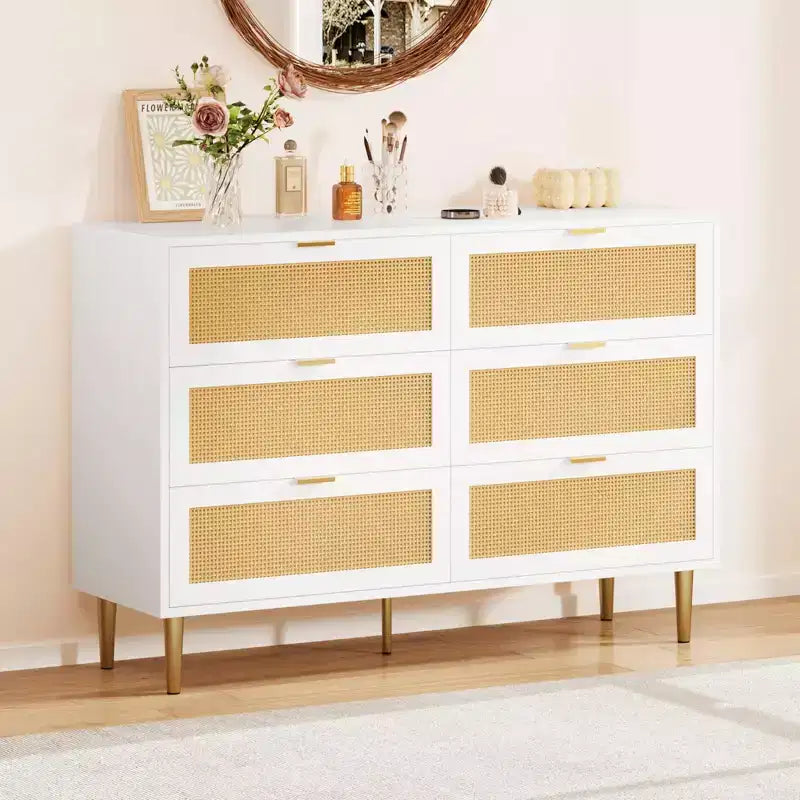 Commode Acekool en rotin à 6 tiroirs, commode moderne avec pieds et poignées dorés, commode double large, anti-basculement, pour chambre et salon