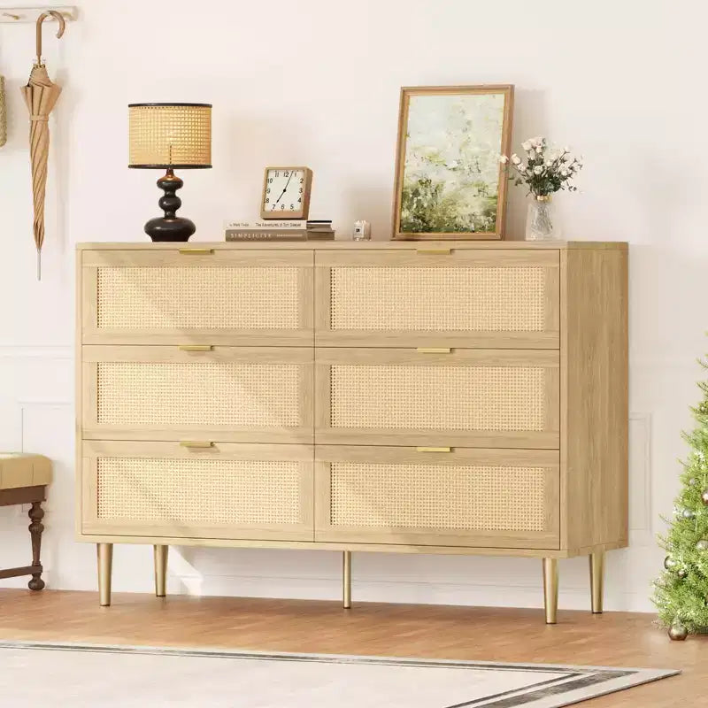 Commode Acekool en rotin à 6 tiroirs, commode moderne avec pieds et poignées dorés, commode double large, anti-basculement, pour chambre et salon