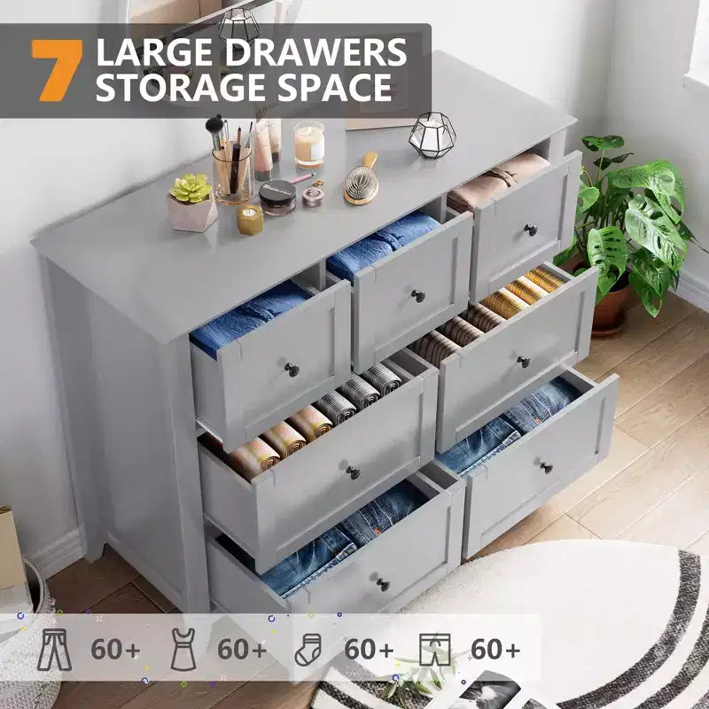 Commode Acekool à 7 tiroirs, en bois, moderne, tiroirs de rangement profonds et plateau large, dispositif anti-basculement de sécurité, pour chambre à coucher, salon