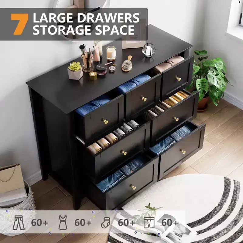 Commode Acekool à 7 tiroirs, en bois, moderne, tiroirs de rangement profonds et plateau large, dispositif anti-basculement de sécurité, pour chambre à coucher, salon