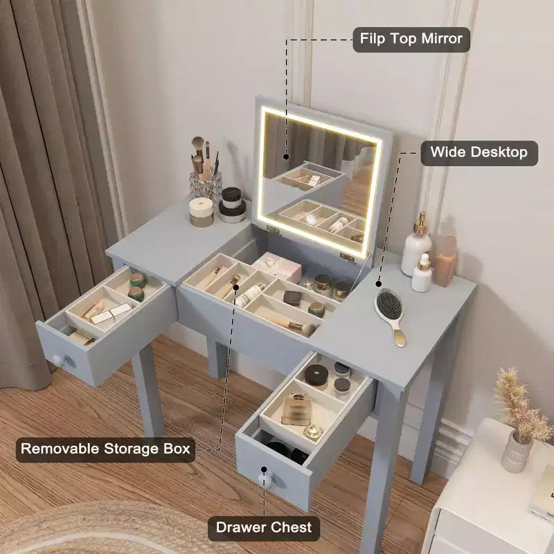 Coiffeuse multifonction Okak avec miroir rabattable, table de maquillage avec 2 tiroirs et 3 boîtes de rangement amovibles, coiffeuse compacte pour la maison