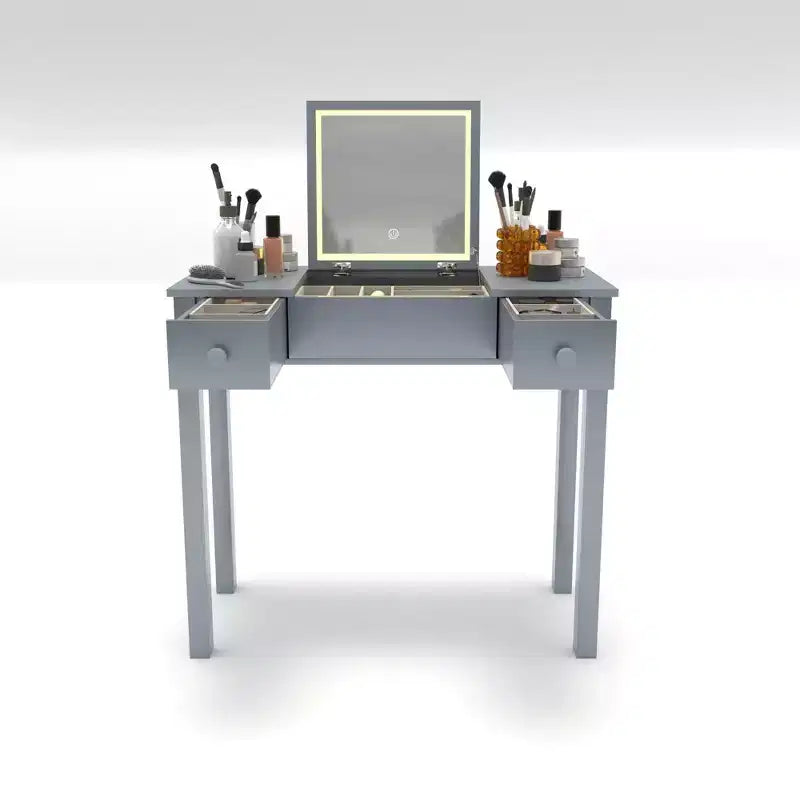 Coiffeuse multifonction Okak avec miroir rabattable, table de maquillage avec 2 tiroirs et 3 boîtes de rangement amovibles, coiffeuse compacte pour la maison