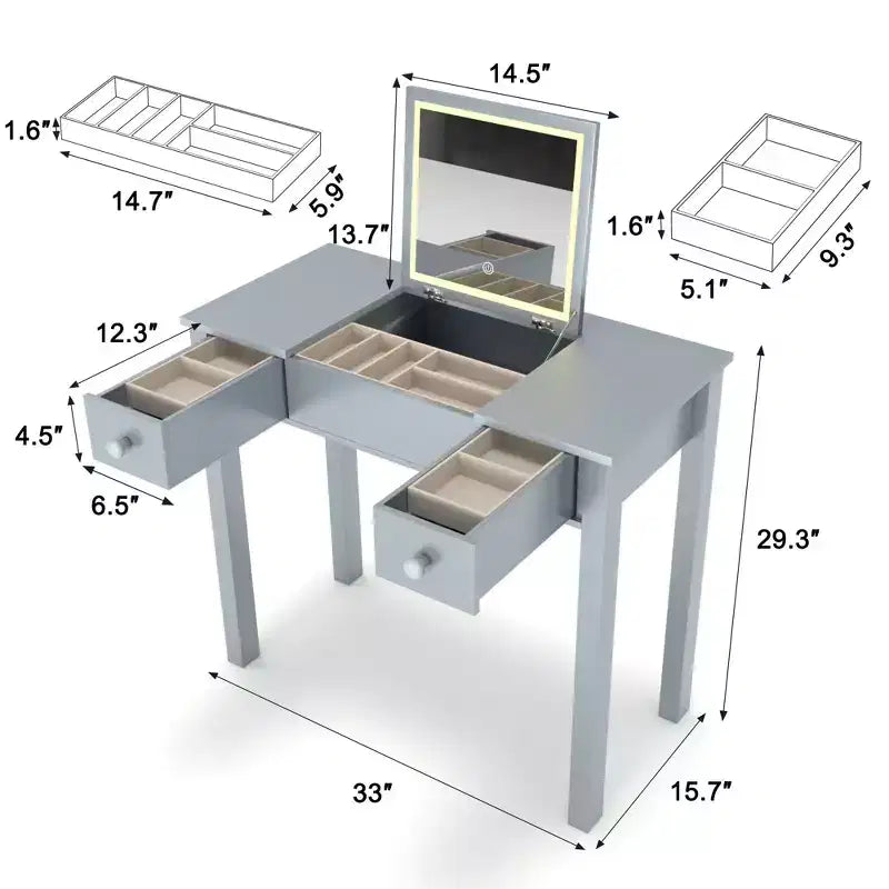 Coiffeuse multifonction Okak avec miroir rabattable, table de maquillage avec 2 tiroirs et 3 boîtes de rangement amovibles, coiffeuse compacte pour la maison