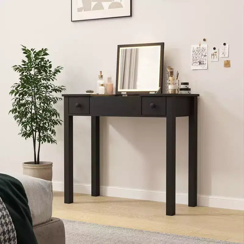 Coiffeuse multifonction Okak avec miroir rabattable, table de maquillage avec 2 tiroirs et 3 boîtes de rangement amovibles, coiffeuse compacte pour la maison