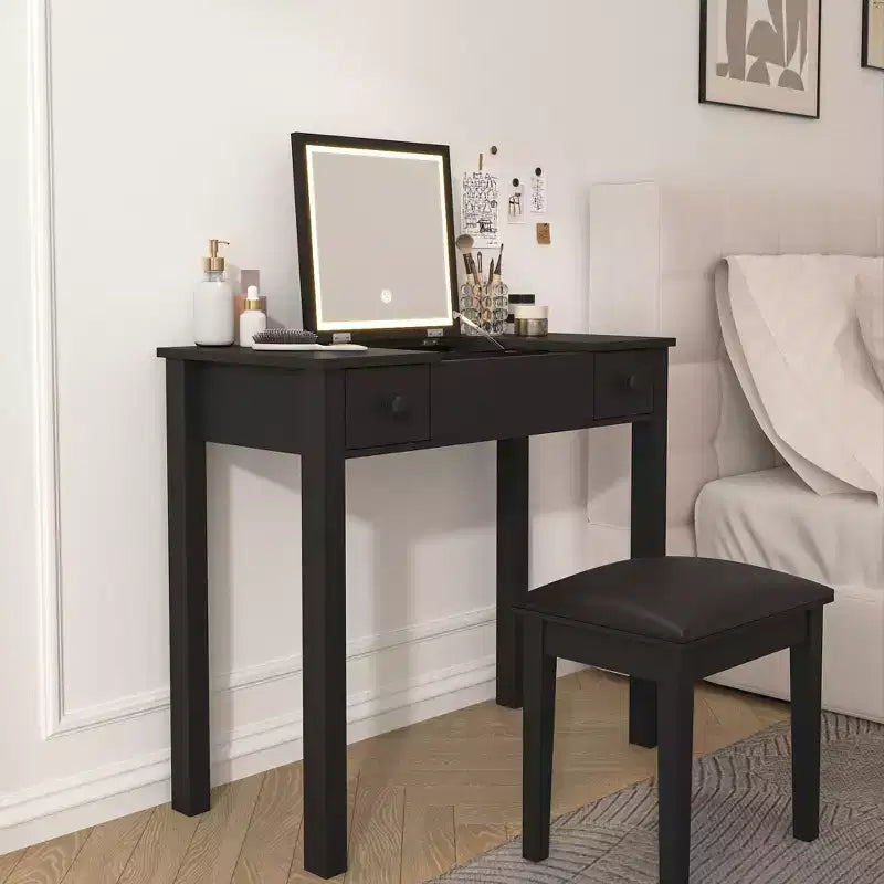 Coiffeuse multifonction Okak avec miroir rabattable, table de maquillage avec 2 tiroirs et 3 boîtes de rangement amovibles, coiffeuse compacte pour la maison