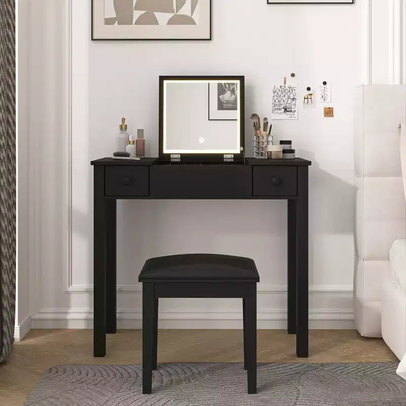 Coiffeuse multifonction Okak avec miroir rabattable, table de maquillage avec 2 tiroirs et 3 boîtes de rangement amovibles, coiffeuse compacte pour la maison