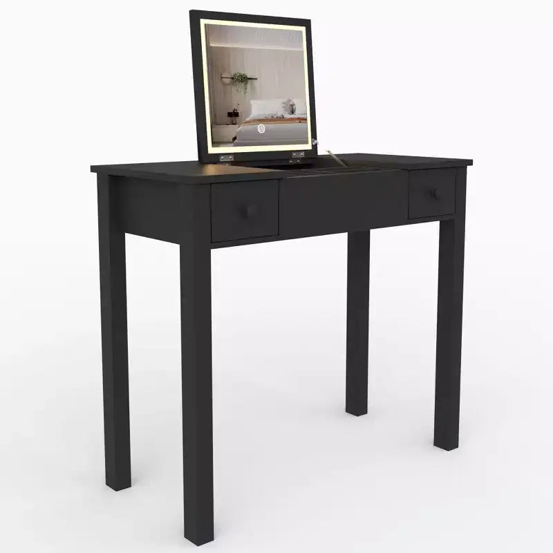 Coiffeuse multifonction Okak avec miroir rabattable, table de maquillage avec 2 tiroirs et 3 boîtes de rangement amovibles, coiffeuse compacte pour la maison