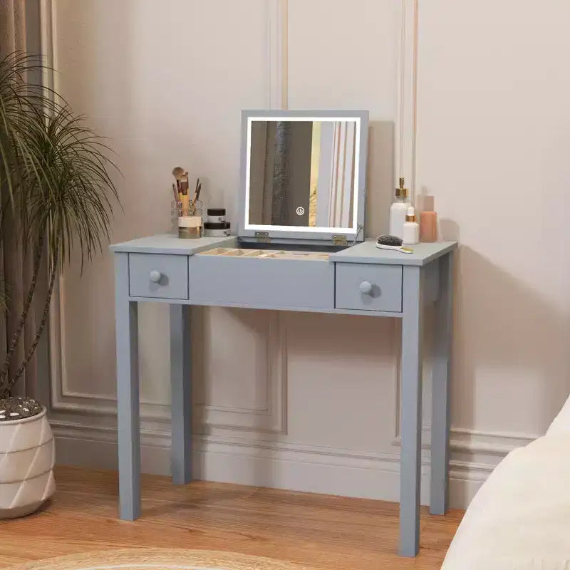 Coiffeuse multifonction Okak avec miroir rabattable, table de maquillage avec 2 tiroirs et 3 boîtes de rangement amovibles, coiffeuse compacte pour la maison