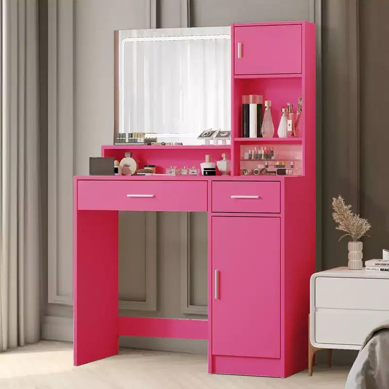 Coiffeuse Okak avec grand miroir rectangulaire, coiffeuse de maquillage avec commode de rangement à 3 niveaux, coiffeuse compacte pour chambre à coucher, salle de bain
