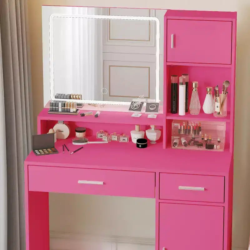 Coiffeuse Okak avec grand miroir rectangulaire, coiffeuse de maquillage avec commode de rangement à 3 niveaux, coiffeuse compacte pour chambre à coucher, salle de bain
