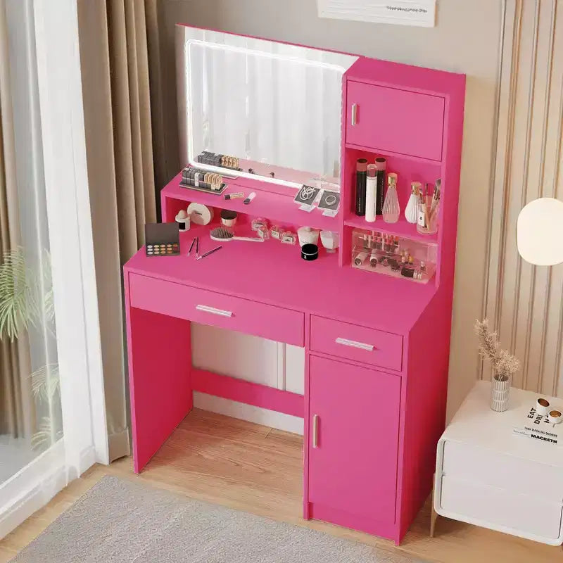 Coiffeuse Okak avec grand miroir rectangulaire, coiffeuse de maquillage avec commode de rangement à 3 niveaux, coiffeuse compacte pour chambre à coucher, salle de bain